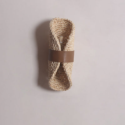 Traditional Japanese Straw Woven Cattail Leather Wrapping Round 1-Light Wall Sconce Lamp For Living Room