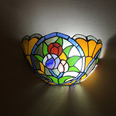 Traditional Tiffany Alloy Glass Diamond Semicircular Flower Dragonfly 1-Light Wall Sconce Lamp For Hallway