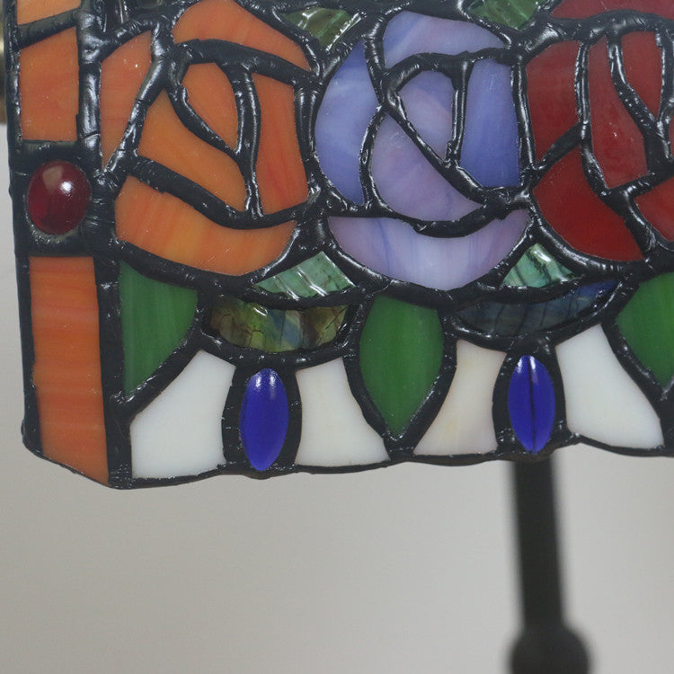 Traditional Tiffany Rectangle Rose Zinc Alloy Stained Glass 1-Light Table Lamp For Living Room