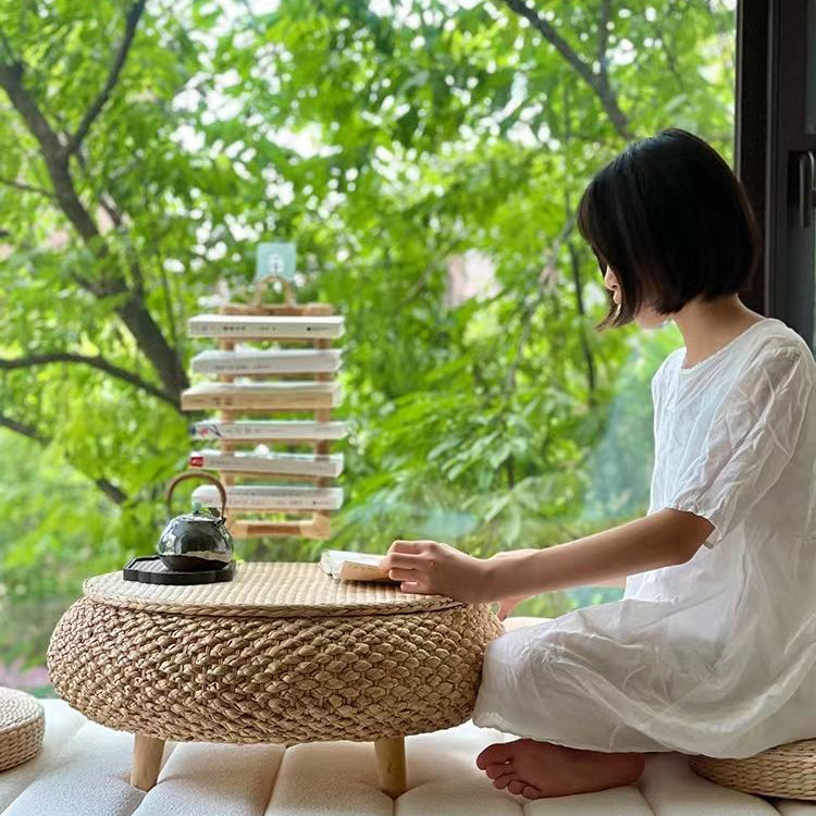 Traditional Japanese Oval Rattan Woven Wooden Coffee Table Storage For Living Room