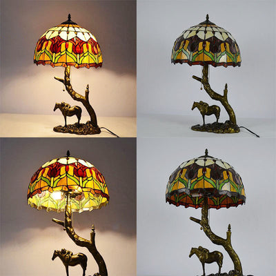 Traditional Tiffany Resin Glass Dome Conic Hemispheric Branch Horse Base 2-Light Table Lamp For Study