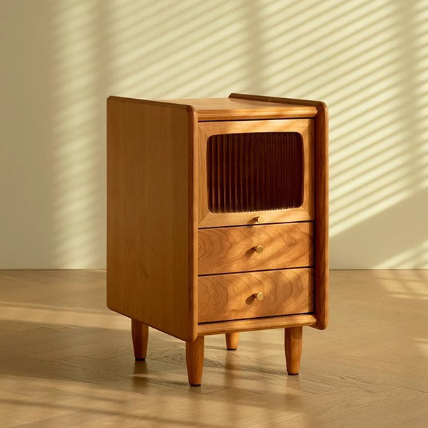 Traditional Japanese Rectangular Wood Nightstand With 3-Drawer For Bedroom