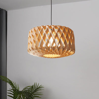 Modern Minimalist Round Diamond Solid Wood Skeleton 1-Light Pendant Light For Living Room