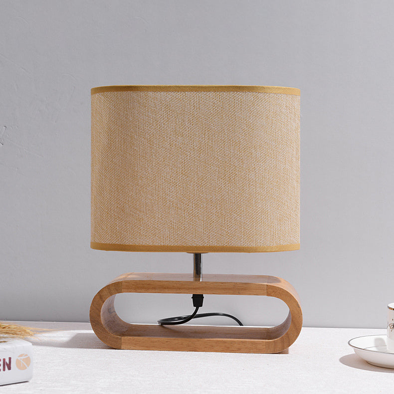 Contemporary Nordic Wood Fabric Cylinder Elliptical 1-Light Table Lamp For Study