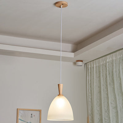 Modern Minimalist Round Lace Stripe Glass Wood 1-Light Pendant Light For Living Room