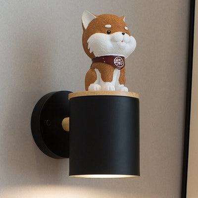 Contemporary Creative Resin Puppy Iron Cylinder Shade 1-Light Wall Sconce Lamp For Bedroom