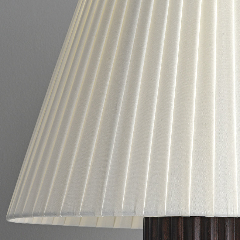 Contemporary Retro Cylinder Pleated Wood Fabric Brass 1-Light Table Lamp For Bedside