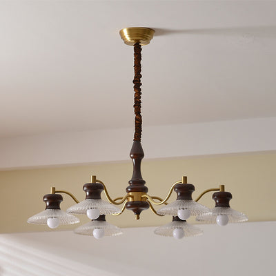 Traditional Vintage Brass Iron Ash Wood Glass Round Bowl 3/6/8 Light Chandeliers For Dining Room