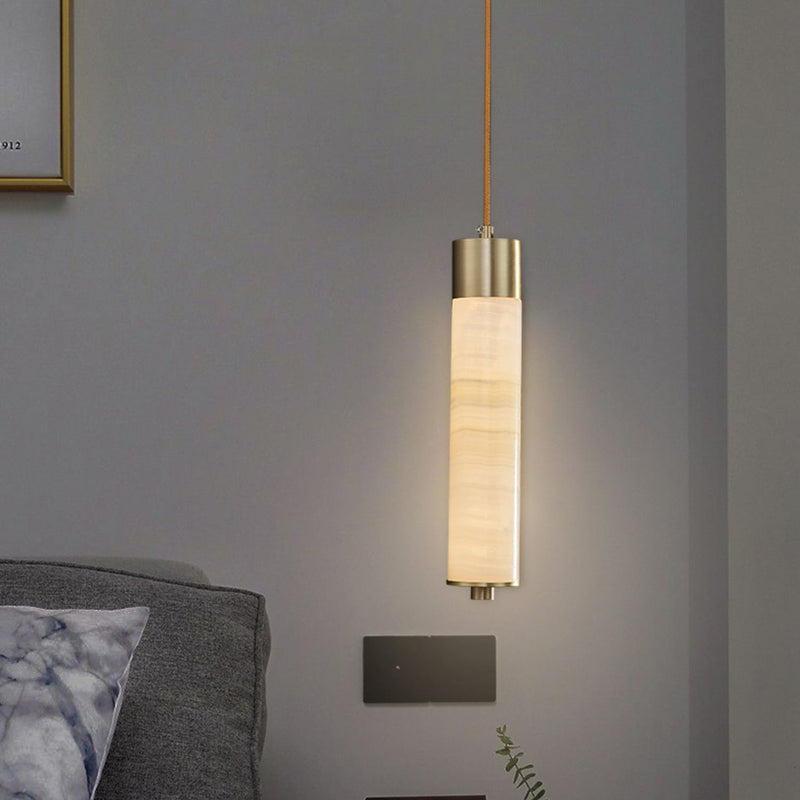 Modern Minimalist Cylinder Copper Jade LED Pendant Light For Bedroom