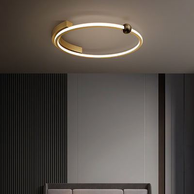 Modern Minimalist Full Copper Curved Line Round Shade LED Semi-Flush Mount Ceiling Light For Living Room