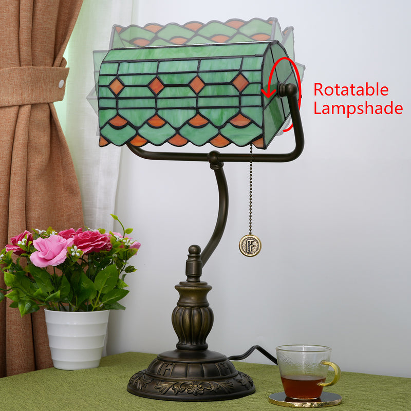 Traditional Tiffany Green Leaf Red Spot Trapezoidal Iron Resin Glass 1-Light Zipper Table Lamp For Bedside