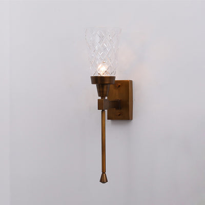 Traditional French Cylinder Carved Copper Glass 1-Light Wall Sconce Lamp For Living Room