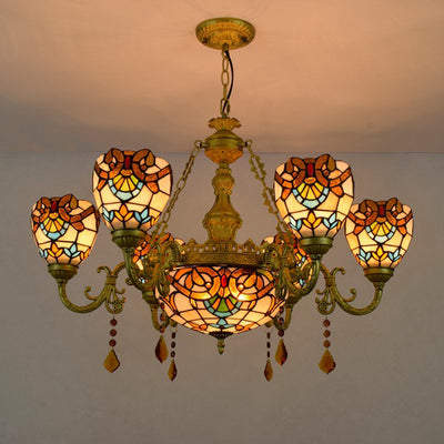 Traditional Tiffany Bead Dome Baroque Iron Glass Alloy 8/11 Light Chandeliers For Living Room