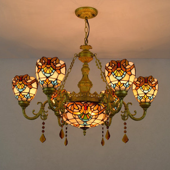 Traditional Tiffany Bead Dome Baroque Iron Glass Alloy 8/11 Light Chandeliers For Living Room