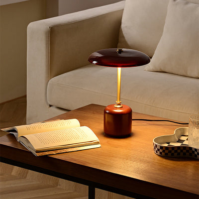 Contemporary Retro Brass Wood Glass Round Cylinder LED Table Lamp For Bedside