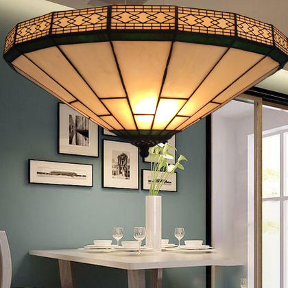 Traditional Tiffany Conical Diamond Glass 3-Light Flush Mount Ceiling Light For Living Room