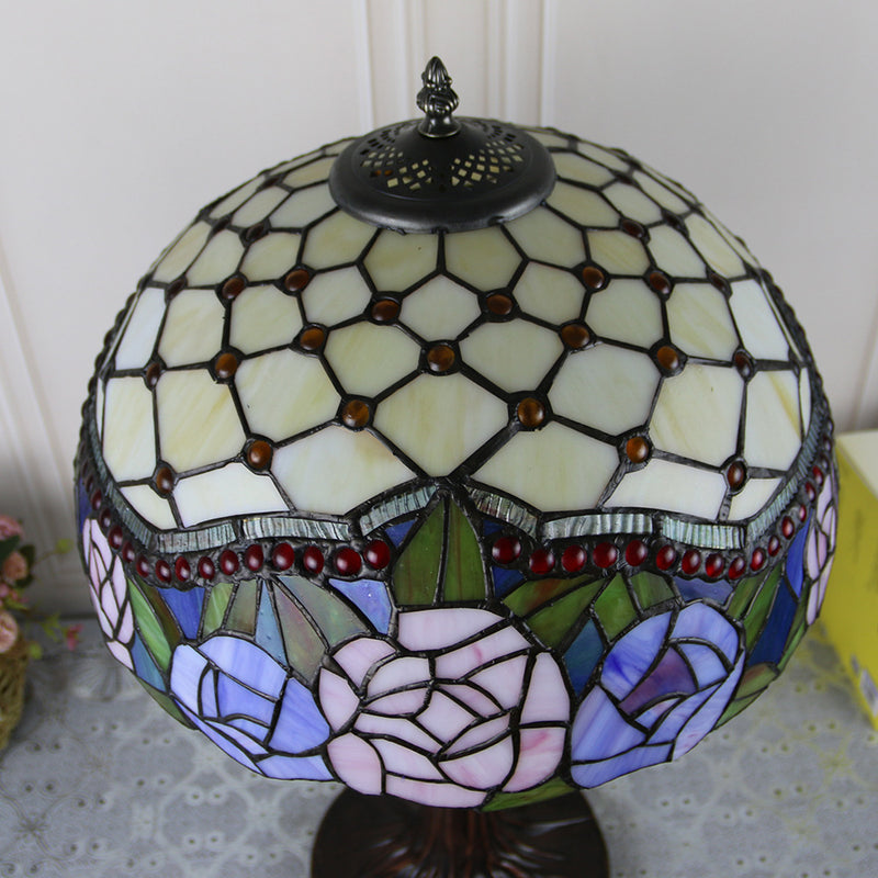 Traditional Tiffany Dome Rose Zipped Zinc Alloy Glass 2-Light Table Lamp For Bedside