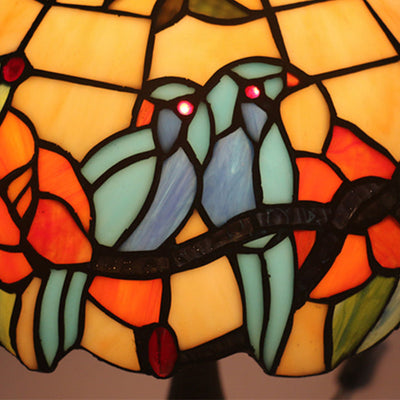 Traditional Tiffany Stained Glass Rose Flower Parrot Dome 1-Light Table Lamp For Bedroom