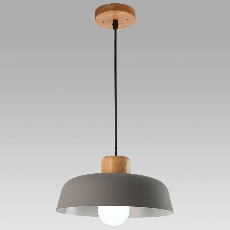 Contemporary Scandinavian Round Bowl Metal Rubber Wood 1-Light Pendant Light For Dining Room