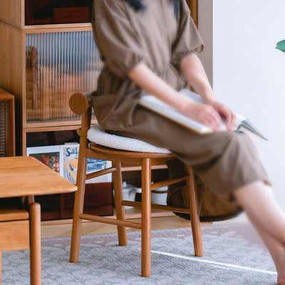 Tabouret de coiffeuse rond en bois et laine d'agneau de simplicité moderne avec dossier et repose-pieds pour chambre 