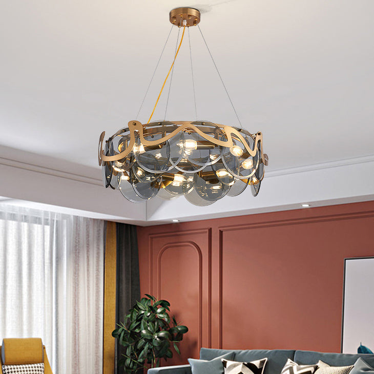 Contemporary Luxury Gold Finish Frame Cloud Texture Glass Disc 8/10-Light Chandelier For Living Room