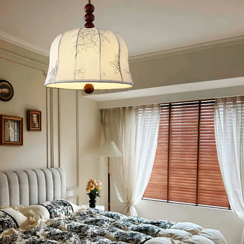 Traditional French Romantic Round Floral Fabric Wood Metal 1-Light Pendant Light For Bedroom