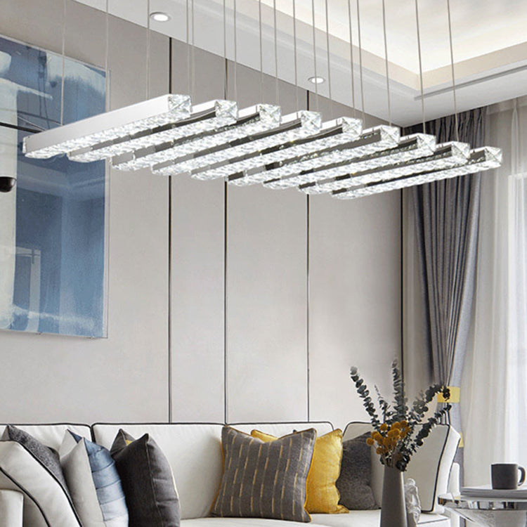 Modern Minimalist Long Square Crystal Stainless Steel LED Light Chandelier For Bedroom