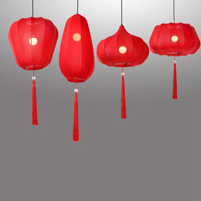 Traditional Chinese Lantern Fabric Iron 1-Light Pendant Light For Bedroom