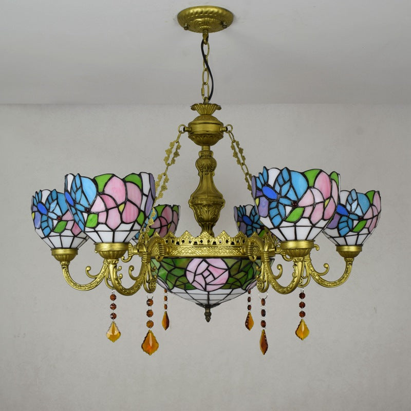 Traditional Tiffany Flower Dome Iron Glass Alloy 8/11 Light Chandeliers For Living Room