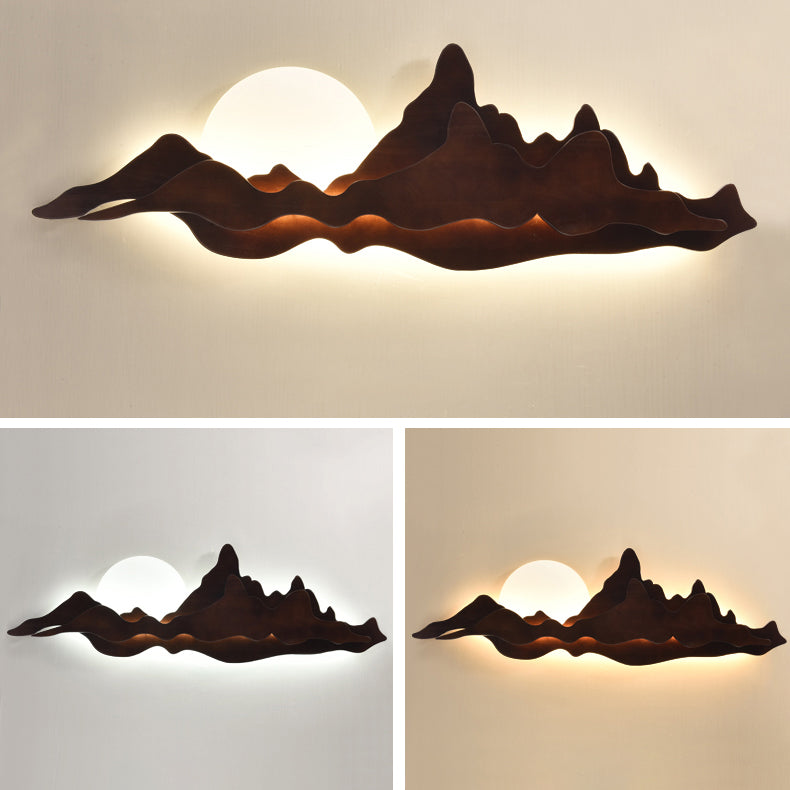 Modern Art Deco Round Mountain Shaped Wood Acrylic LED Wall Sconce Lamp For Living Room