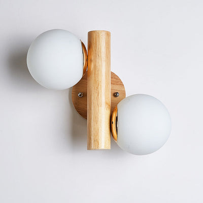 Modern Minimalist Cylinder Orb Wood Hardware Glass 2-Light Wall Sconce Lamp For Bedroom