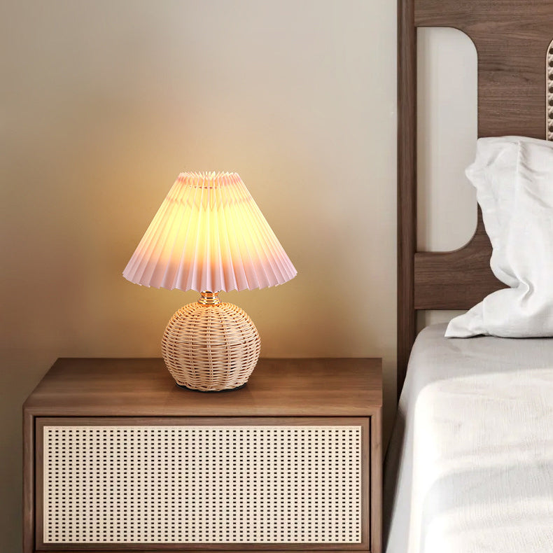 Contemporary Nordic Rattan Fabric Pleated Conic Ball LED Table Lamp For Bedroom