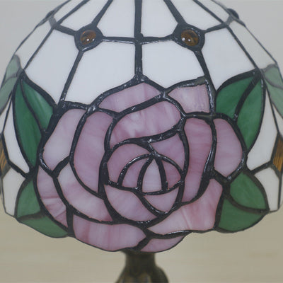 Traditional Tiffany Dome Rose Zinc Alloy Stained Glass 1-Light Table Lamp For Bedroom