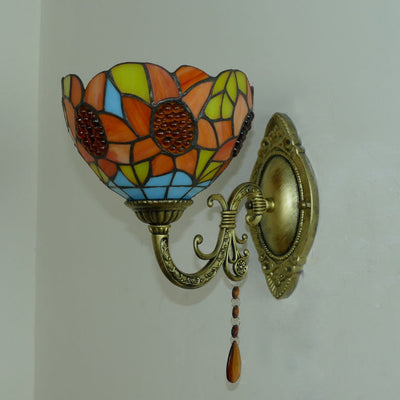 Traditional Tiffany Cup Rose Sunflower Dragonfly Iron Stained Glass 1-Light Wall Sconce Lamp For Bedroom