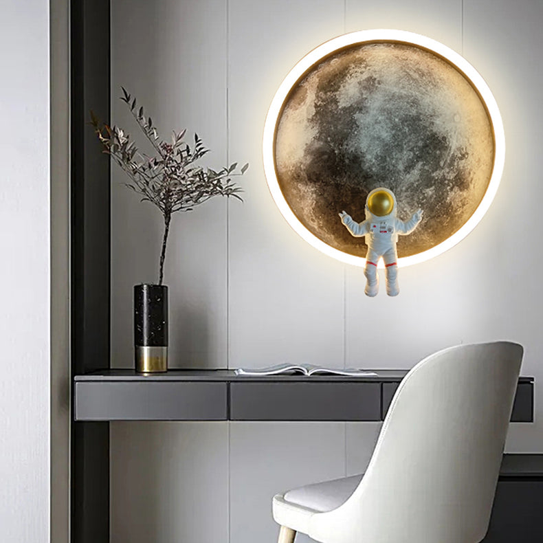 Contemporary Creative Round Lunar Astronaut Hardware Resin LED Wall Sconce Lamp For Bedroom