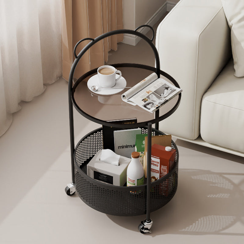 Contemporary Simplicity Round Glass Top Movable Side Table 2-Tier Storage Shelves For Living Room