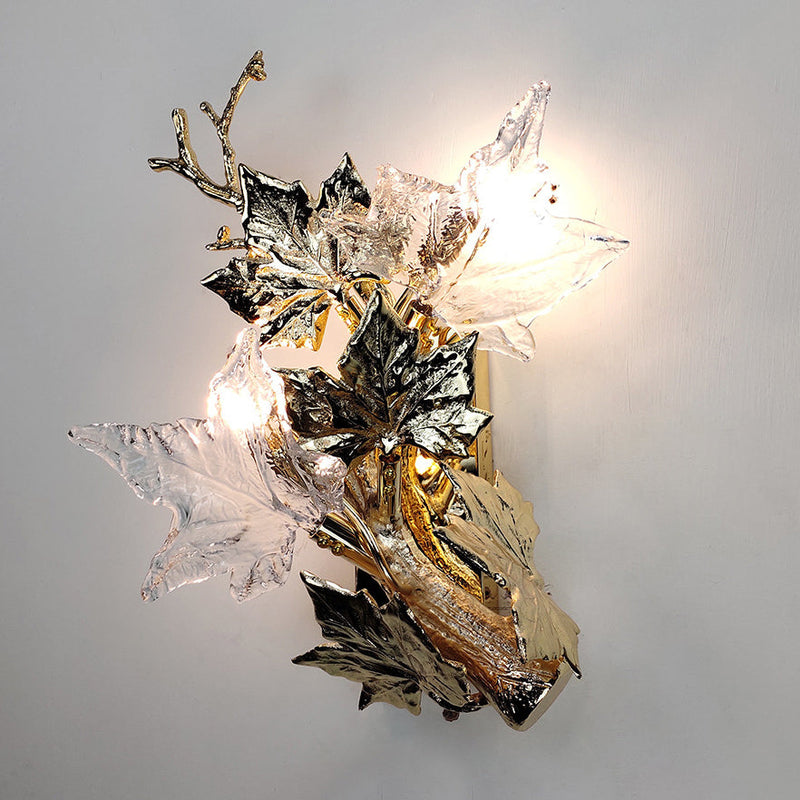 Modern Luxury Copper Colored Glass Maple Leaf Branch 2-Light Wall Sconce Lamp For Living Room