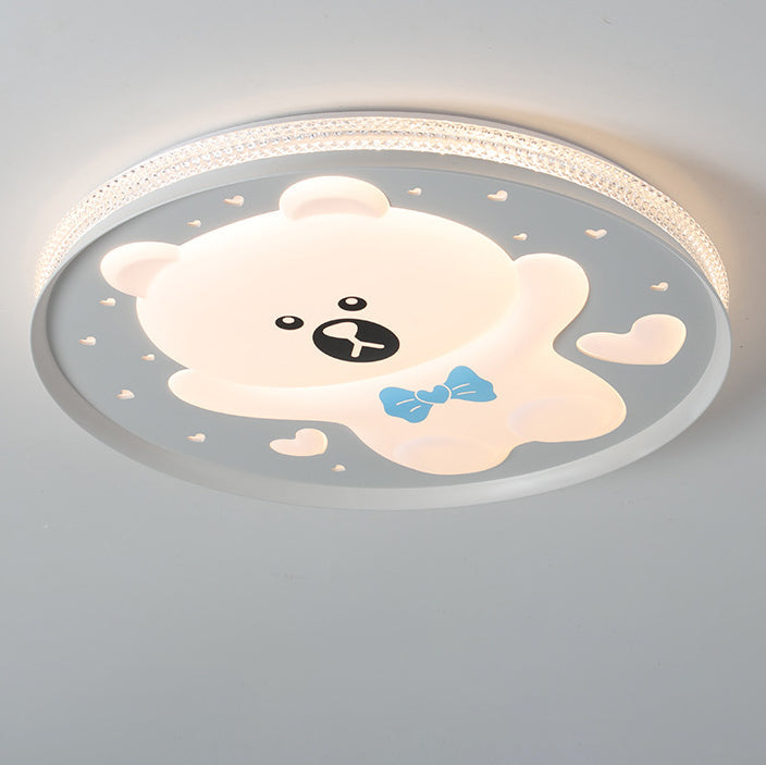 Contemporary Creative Kids Round Bear Iron Acrylic LED Flush Mount Ceiling Light For Bedroom