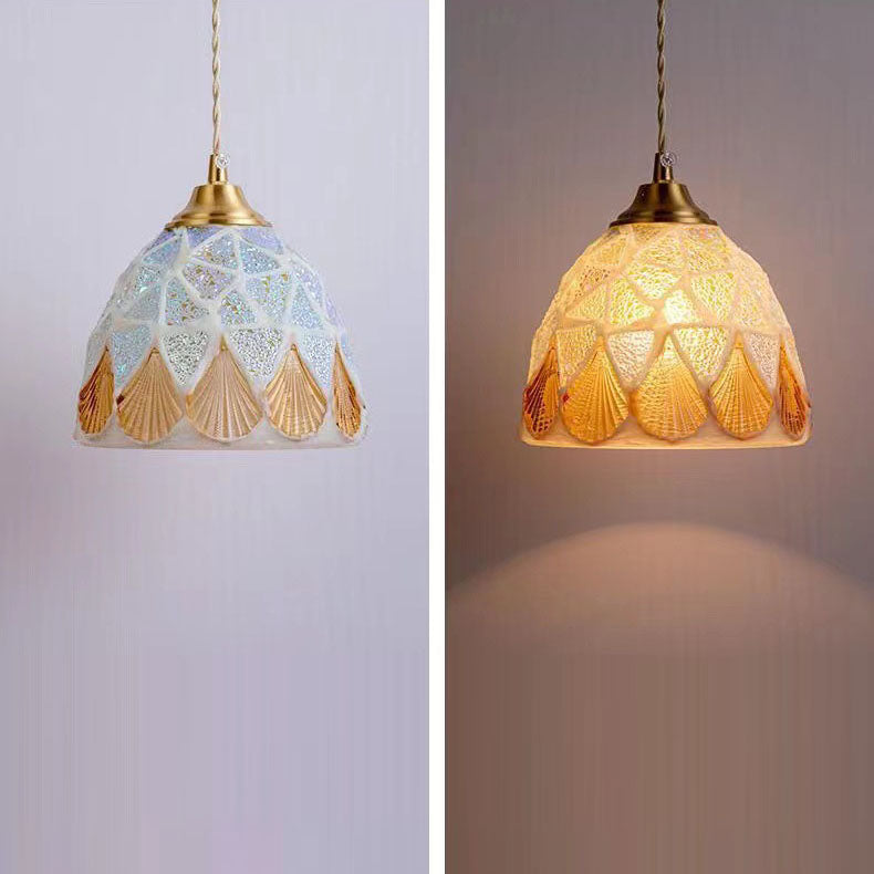 Traditional Tiffany Shell Decor Stained Glass Semicircle 1-Light Pendant Light For Bedroom