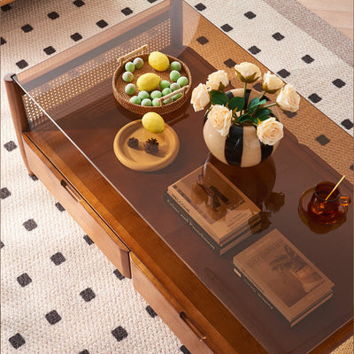 Traditional Japanese Weaving Rectangular Ash Wood Glass Coffee Table 4-Drawer For Living Room