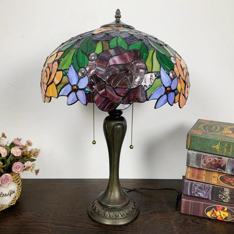 Traditional Tiffany Umbrella Flower Dragonfly Alloy Stained Glass 2-Light Table Lamp For Bedroom