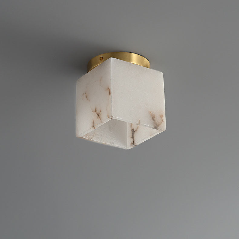 Traditional Chinese Copper Marble Cubic Ball Round Square 1-Light Semi-Flush Mount Ceiling Light For Hallway