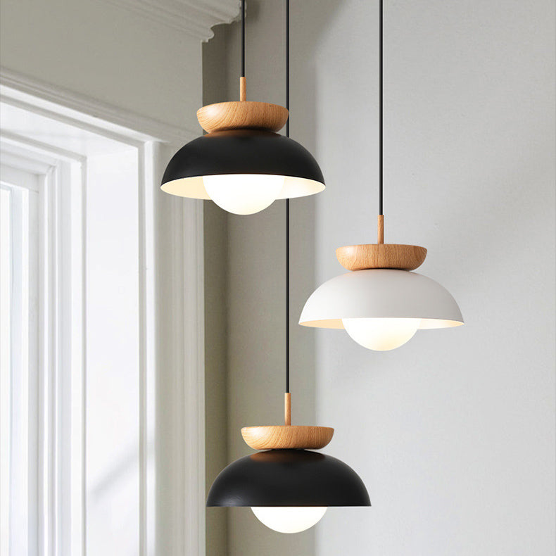 Modern Minimalist Round Bowl Wood Iron 1-Light Pendant Light For Living Room