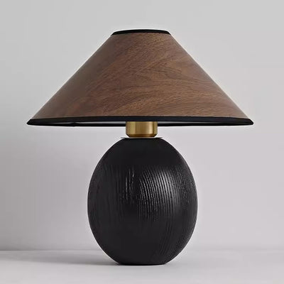 Traditional Japanese Fabric Ash Wood Conic Elliptical 1-Light Table Lamp For Bedside