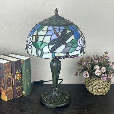 Traditional Tiffany Round Dome Flower Alloy Stained Glass 1-Light Table Lamp For Living Room