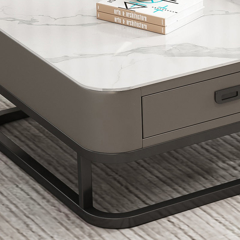 Modern Minimalist Square Rock Slab Glass Metal Combination Coffee Table 1-Drawer For Living Room