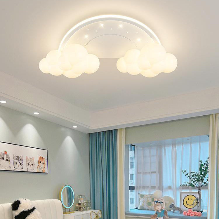 Modern Art Deco Kids Iron PE Cloud Rainbow Semicircular Astronaut LED Flush Mount Ceiling Light For Bedroom