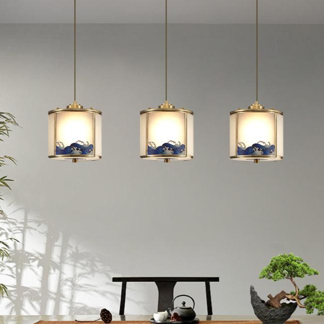 Traditional Chinese Brass Glass Cylinder 1-Light Pendant Light For Living Room