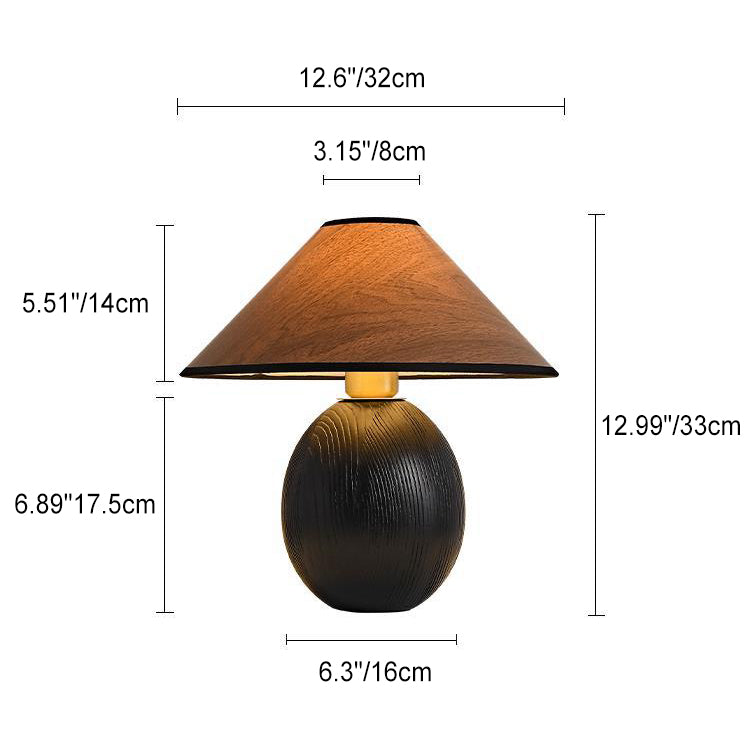 Traditional Japanese Round Trapezoidal Solid Wood Fabric 1-Light Table Lamp For Bedroom