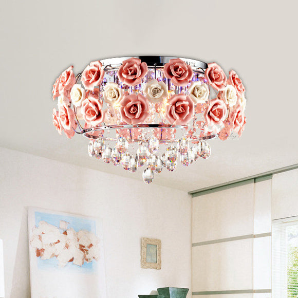 Modern Minimalist Rose Round Crystal Branch Crystal Iron 5/6 Light Flush Mount Ceiling Light For Bedroom